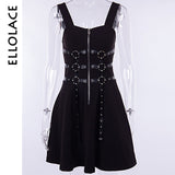Women Eyelet Web Zipper Grunge Sleeveless Backless a-line Mini Dress