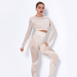 Women 2Pcs Set Seamless Crop Long Sleeve Top Push Up High Waist Pants