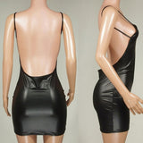 Women Imitation Leather Backless Spandex Short Mini Micro Dress