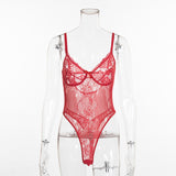 Women Sheer Lace Bodysuit Backless Transparent Mesh Bow Jumpsuit