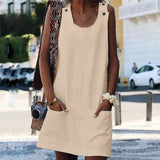 Women O-neck Button Solid sleeveless Pockets A-line Mini Dress