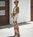 Women V Neck Bodysuit Belt Floral Overalls Print Jumpsuit