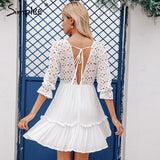 Simplee Women Elegant V Neck Embroidery Ruffle Pleated Cotton Lace Up Sleeveless Dress