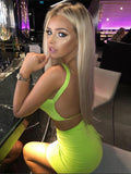 Women's Neon Colors  Lace Up Sleeveless Short Top Mini Skirt Two-Piece Set