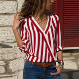 Women Striped Shirt Long Sleeve Blouse V-neck Top