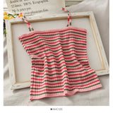 Women Knitted Rib Striped Spaghetti Strap Slim Fit Cropped Top