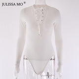 Women V Neck Knitted Long Sleeve Buttons One Piece Solid Color Bodysuit