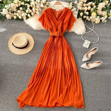 Women Neploe Slim Fit Long Chiffon Pleated Solid Color Elegant V-neck Drawstring New French Style Dress