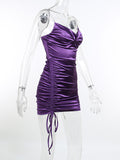 Women Chest Pleated Pile Collar Side Drawstring Slim Skirt Dress