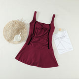 Women Skirt Style One Piece Solid Color Pleated Suspenders Swimsuit