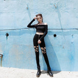 Women Bold Design Contrasted Zipper Pentagram Criss Cross Leggings