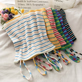 Women Knitted Rib Striped Spaghetti Strap Slim Fit Cropped Top