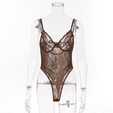 Women Sheer Lace Bodysuit Backless Transparent Mesh Bow Jumpsuit