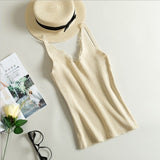 Women Hook Flower Lace Solid Stitching V-Neck Knitted Sleeveless Tops