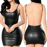 Women Imitation Leather Backless Spandex Short Mini Micro Dress
