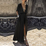 Women Loose Pockets Maxi Bohemian Deep V-Neck Long Short Batwing Sleeve Split Dress