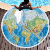 Large Round Beach Bath Towel Tassel World Map Printed Microfiber
