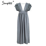 Simplee Women's Elegant V Neck Long Dresses Ruffles High Waist