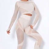Women 2Pcs Set Seamless Crop Long Sleeve Top Push Up High Waist Pants