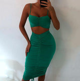 Women Drawstring Backless Sleeveless Top Short Skirt Two Piece Set