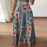 Women Short Sleeve Long Boho Floral Print Maxi Bandage Dress