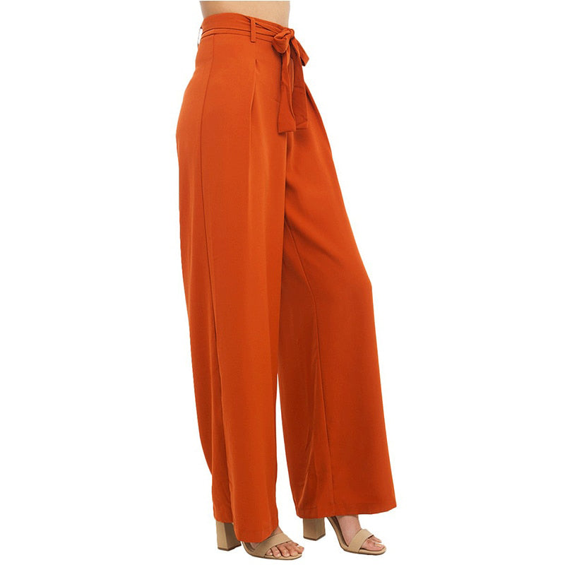 Haoduoyi Women Orange Wide Leg Chiffon High Waist Drawstring Front Tro   Rockin Docks Deluxephotos