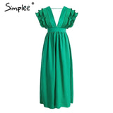 Simplee Women's Elegant V Neck Long Dresses Ruffles High Waist