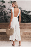 Women's Cotton Linen Ruffled Embroidery Jumpsuit Hollow Out Sashes