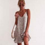 Women Floral Print V Neck Sleeveless Spaghetti Strap Mini Ruffle Sundress
