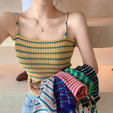 Women Knitted Rib Striped Spaghetti Strap Slim Fit Cropped Top