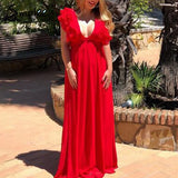 Simplee Women's Elegant V Neck Long Dresses Ruffles High Waist