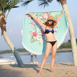 Flamingo Round Beach Towel Tassels Microfiber Picnic Blanket Cover Up