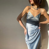 Women Spaghetti Strap Satin Deep Solid Straight Pajama Dress
