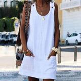 Women O-neck Button Solid sleeveless Pockets A-line Mini Dress