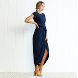 Women Bohemian Personality Slim Tunic Long Short-Sleeved Waistline Asymmetrical Dress