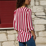 Women Striped Shirt Long Sleeve Blouse V-neck Top