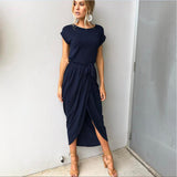 Women Bohemian Personality Slim Tunic Long Short-Sleeved Waistline Asymmetrical Dress