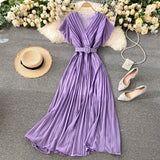 Women Neploe Slim Fit Long Chiffon Pleated Solid Color Elegant V-neck Drawstring New French Style Dress