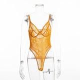 Women Sheer Lace Bodysuit Backless Transparent Mesh Bow Jumpsuit