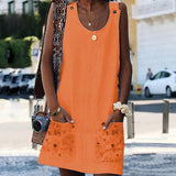 Women O-neck Button Solid sleeveless Pockets A-line Mini Dress