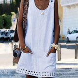 Women O-neck Button Solid sleeveless Pockets A-line Mini Dress