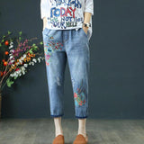 Women Denim Retro Embroidery Drawstring Holes Loose Seven Plus Size Pants