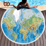 Large Round Beach Bath Towel Tassel World Map Printed Microfiber