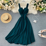 Women Solid Color V Neck Sleeveless Long Dress