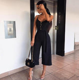 Spaghetti Strap Women Knee Length Jumpsuit Elegant Sashes Buttons