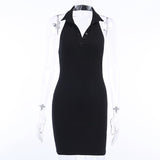 Women Halter V-Neck Buttons Backless Knitted Sleeveless Mini Dress