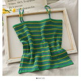 Women Knitted Rib Striped Spaghetti Strap Slim Fit Cropped Top