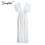 Simplee Women's Elegant V Neck Long Dresses Ruffles High Waist