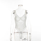 Women Sheer Lace Bodysuit Backless Transparent Mesh Bow Jumpsuit