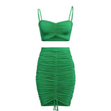 Women Drawstring Backless Sleeveless Top Short Skirt Two Piece Set